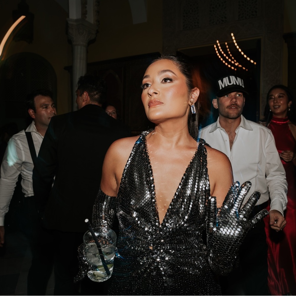 Custom embellished silver gown with gloves. Wore it for my after party.